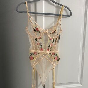 Lounge Underwear Floral Embroidered Sheer Bodysuit, BNWT
